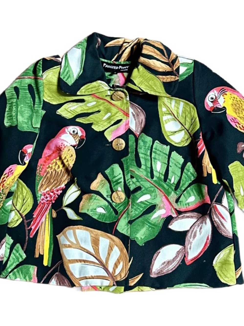 Painted Pony • Small • Tropical • Floral/ Parrot • Green/Black/Red/Brown •Jacket